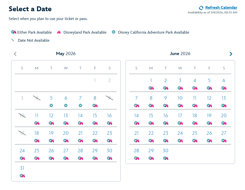 Disneyland Reservation Calendar